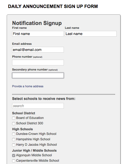 Daily Announcement Sign Up Form 